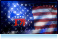 Democrat donkey logo animated in HDTV over the flag of the USA. Presidential election 2008