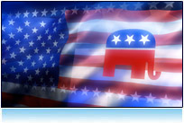 Royalty free looping 3D animation clip of the American flag with the Republican logo.